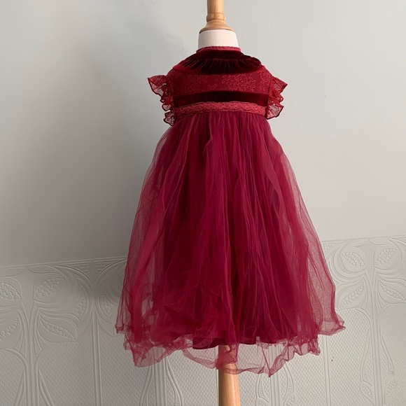 Velvet, tulle and lace red dress, Girls Size 4 (2 avlbl = TWINS), Color Sangria - Picture 2 of 4